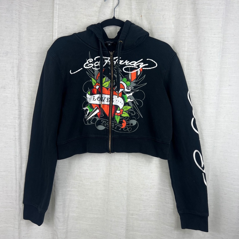 Ed Hardy Vintage Black Cropped Zip Up Hoodie Tattoo Heart Graphic
Womens XL